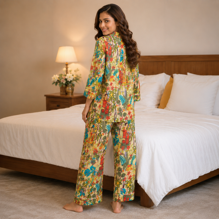 Women’s Mustard Yellow Floral Print Cotton Night Suit Set | Full Sleeve Button-Down Pajama Set