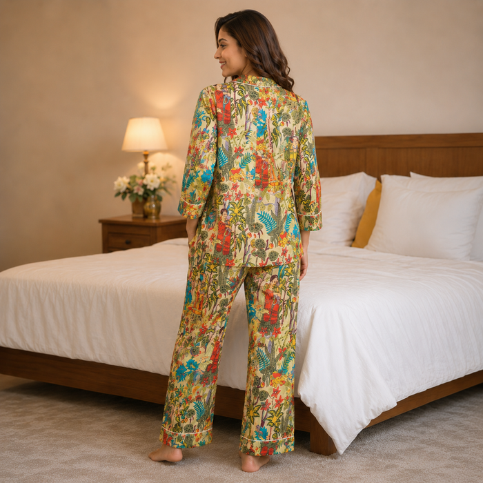 Women’s Mustard Yellow Floral Print Cotton Night Suit Set | Full Sleeve Button-Down Pajama Set