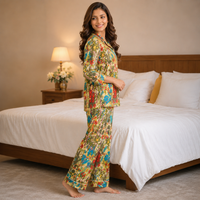 Women’s Mustard Yellow Floral Print Cotton Night Suit Set | Full Sleeve Button-Down Pajama Set