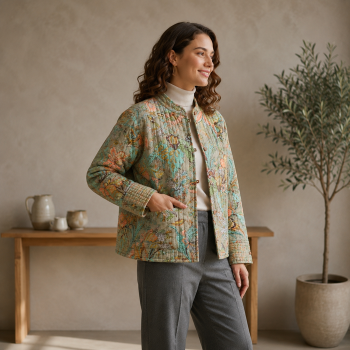 Women’s Vintage Floral Quilted Jacket with Full Sleeves