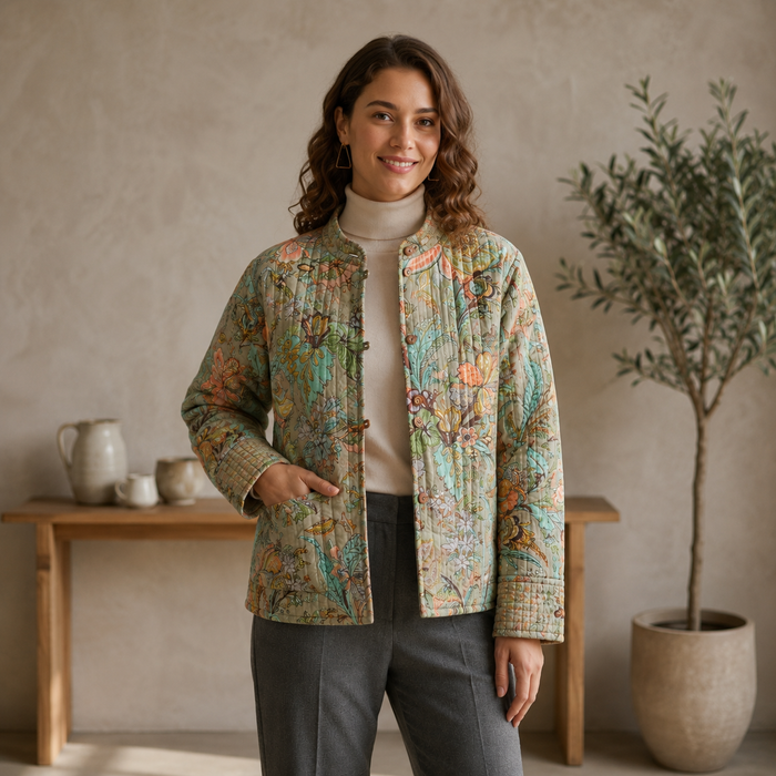 Women’s Vintage Floral Quilted Jacket with Full Sleeves