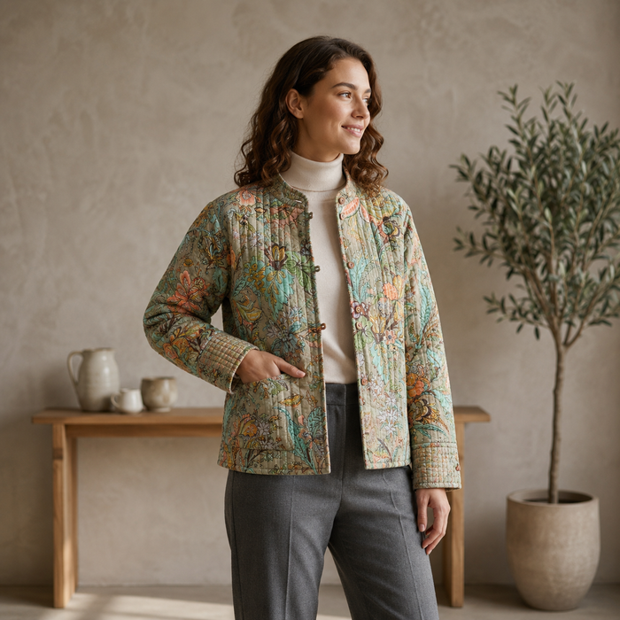 Women’s Vintage Floral Quilted Jacket with Full Sleeves