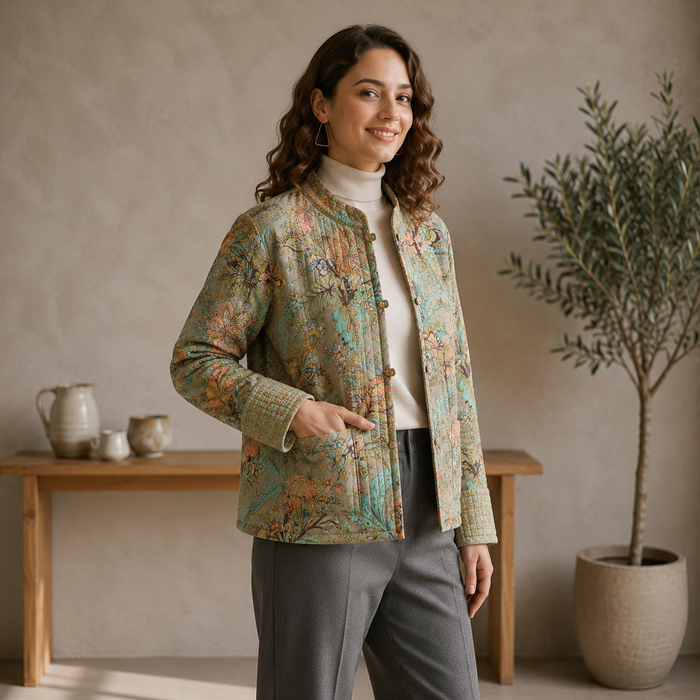 Women’s Vintage Floral Quilted Jacket with Full Sleeves
