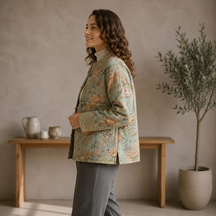 Women’s Vintage Floral Quilted Jacket with Full Sleeves
