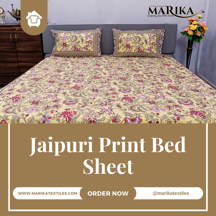 Jaipuri Print Vibrant Yellow Colour Cotton Indian Bedspread | Buy Now