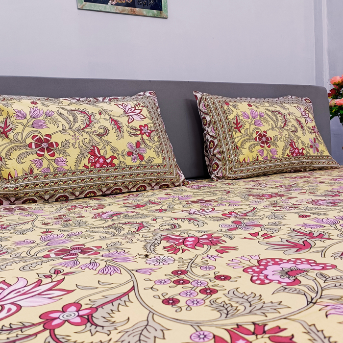 Jaipuri Print Vibrant Yellow Colour Cotton Indian Bedspread | Buy Now