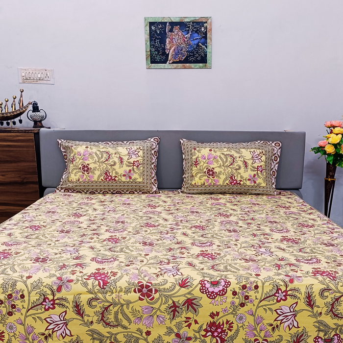 Jaipuri Print Vibrant Yellow Colour Cotton Indian Bedspread | Buy Now