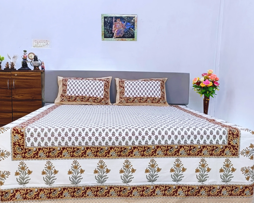 King Size Cotton Bedsheet Hand-Block Floral Print Indian Bedcover Beautiful Coverlet Home Decor Bedspread