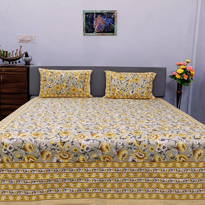 Indian Bedsheet with 2 Pillow Cover Home Decor Cotton Bedspread Grey Floral Coverlet 93X108 Inches