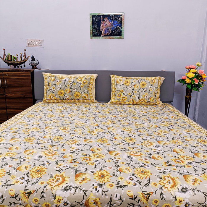 Indian Bedsheet with 2 Pillow Cover Home Decor Cotton Bedspread Grey Floral Coverlet 93X108 Inches