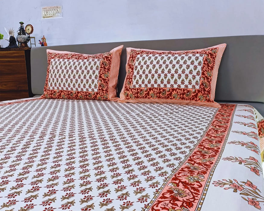 Indian Hand-Block Bedsheet Cotton Printed Bedcover with Two Pillow Covers 3D Printed Home Decor Bedsheet