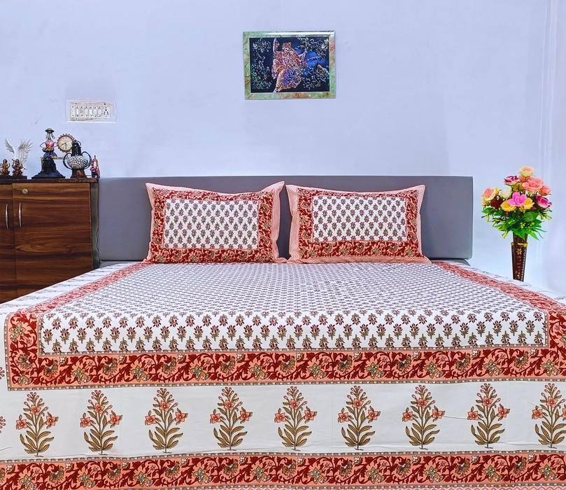 Indian Hand-Block Bedsheet Cotton Printed Bedcover with Two Pillow Covers 3D Printed Home Decor Bedsheet