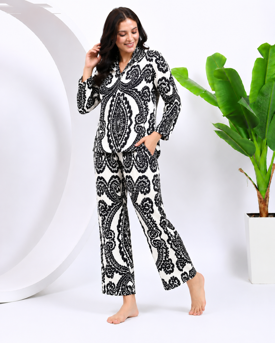 Women's 100% Cotton Night Suit Set – Black & White Paisley Printed Full Sleeve Shirt with Relaxed Pajama Pants