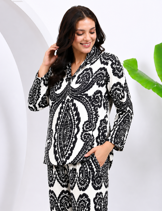 Women's 100% Cotton Night Suit Set – Black & White Paisley Printed Full Sleeve Shirt with Relaxed Pajama Pants