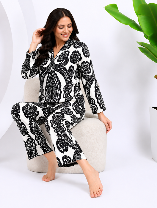 Women's 100% Cotton Night Suit Set – Black & White Paisley Printed Full Sleeve Shirt with Relaxed Pajama Pants