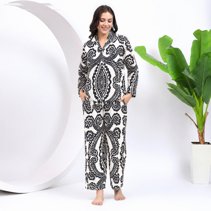 Women's 100% Cotton Night Suit Set – Black & White Paisley Printed Full Sleeve Shirt with Relaxed Pajama Pants