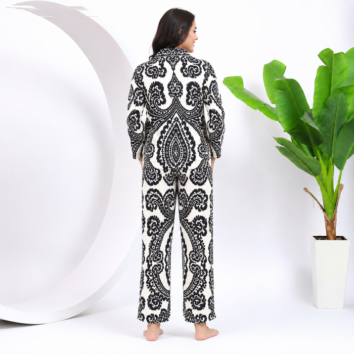 Women's 100% Cotton Night Suit Set – Black & White Paisley Printed Full Sleeve Shirt with Relaxed Pajama Pants