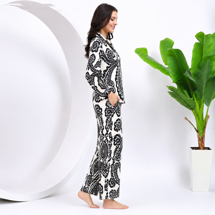 Women's 100% Cotton Night Suit Set – Black & White Paisley Printed Full Sleeve Shirt with Relaxed Pajama Pants