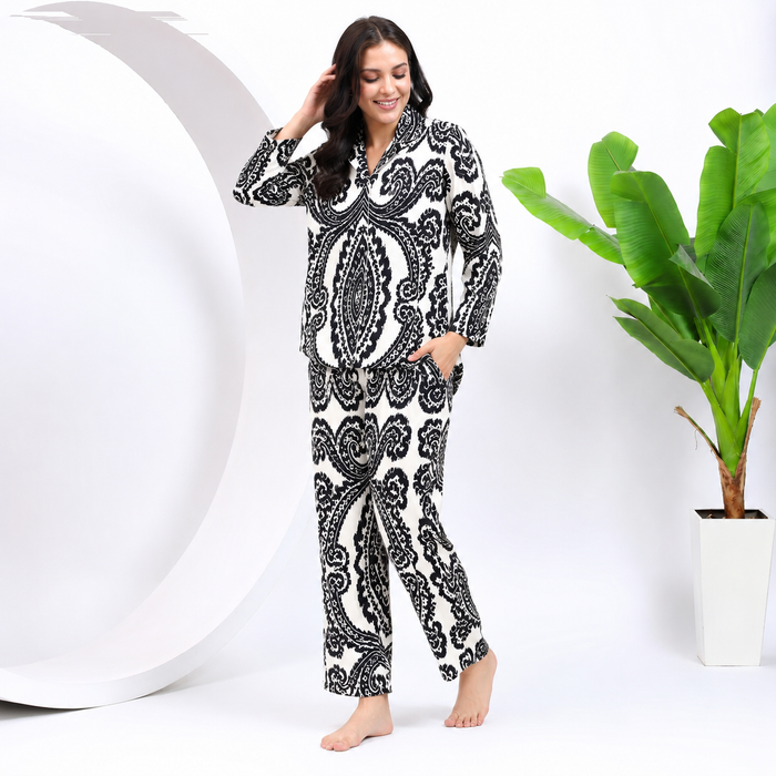 Women's 100% Cotton Night Suit Set – Black & White Paisley Printed Full Sleeve Shirt with Relaxed Pajama Pants