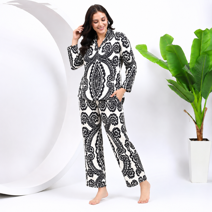 Women's 100% Cotton Night Suit Set – Black & White Paisley Printed Full Sleeve Shirt with Relaxed Pajama Pants