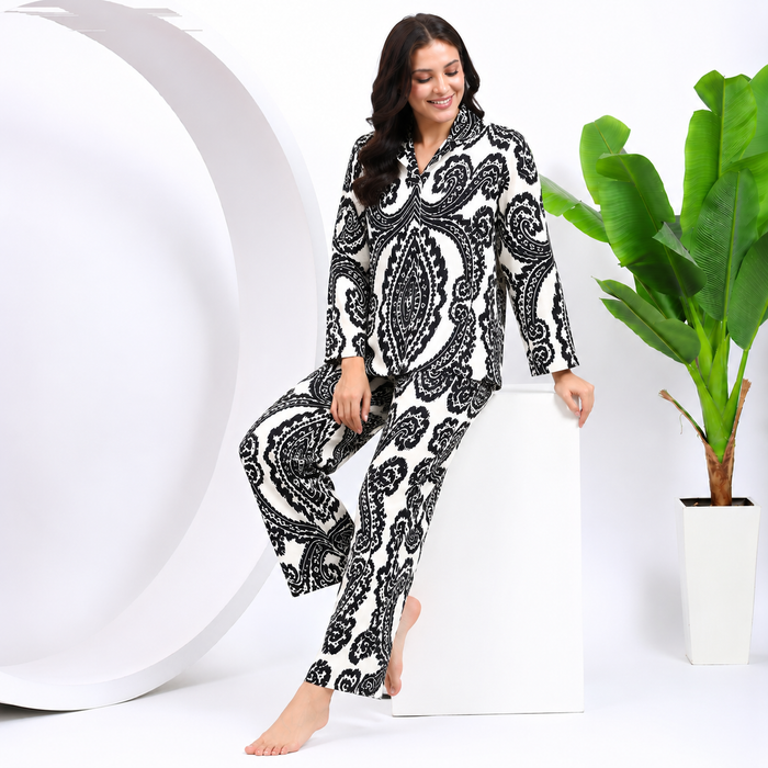 Women's 100% Cotton Night Suit Set – Black & White Paisley Printed Full Sleeve Shirt with Relaxed Pajama Pants