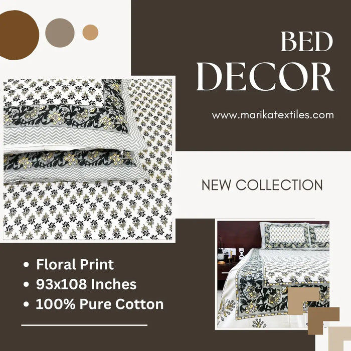 Sanganeri Print Bedsheet Grey & White Hand Block Bedsheet from Marika Textiles Bed Decor Coverlet Cotton King Size Bedspread Buy Online Bedsheet