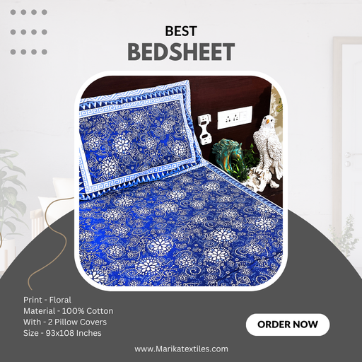 Buy Premium Quality Cotton Bedsheet with 2 Pillow Cover | Blue Bedspread 