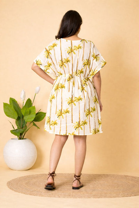 Women’s Palm Tree Print Short Cotton Kaftan Dress | Relaxed Fit Summer Wear