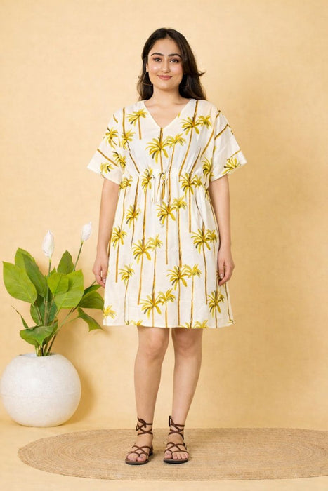 Women’s Palm Tree Print Short Cotton Kaftan Dress | Relaxed Fit Summer Wear