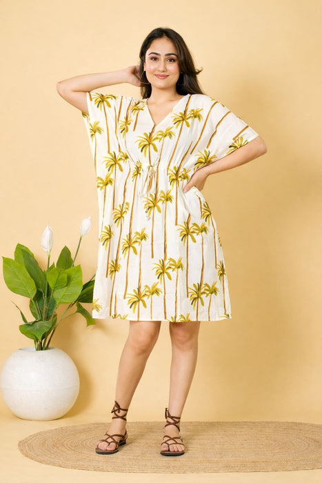 Women’s Palm Tree Print Short Cotton Kaftan Dress | Relaxed Fit Summer Wear
