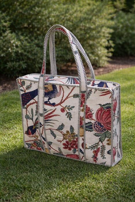 White Floral & Bird Printed Cotton Tote Bag with Zip | Reusable Eco-Friendly Shoulder Bag
