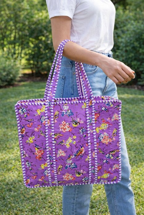 Purple Floral Printed Cotton Tote Bag | Reusable Eco-Friendly Shopping & Beach Bag for Daily Use