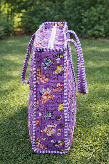 Purple Floral Printed Cotton Tote Bag | Reusable Eco-Friendly Shopping & Beach Bag for Daily Use