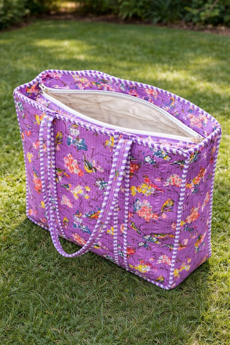 Purple Floral Printed Cotton Tote Bag | Reusable Eco-Friendly Shopping & Beach Bag for Daily Use