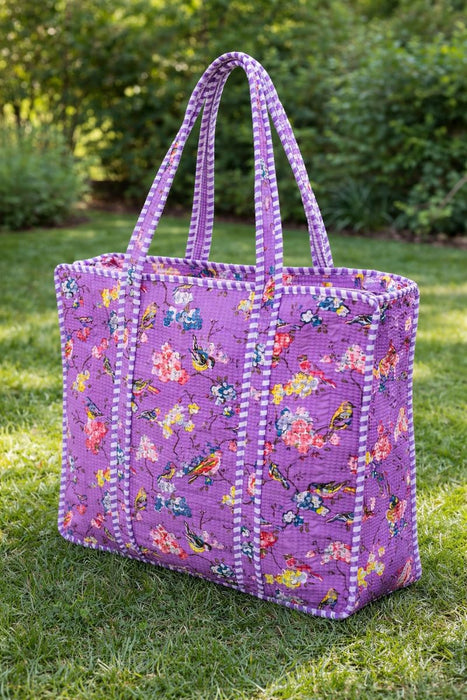 Purple Floral Printed Cotton Tote Bag | Reusable Eco-Friendly Shopping & Beach Bag for Daily Use