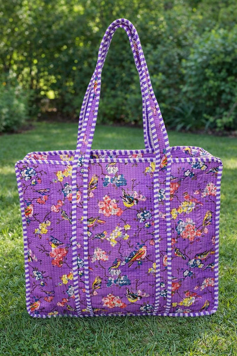 Purple Floral Printed Cotton Tote Bag | Reusable Eco-Friendly Shopping & Beach Bag for Daily Use