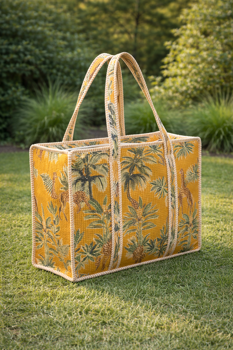 Yellow Tropical Printed Cotton Tote Bag | Reusable Eco-Friendly Shopping & Beach Bag