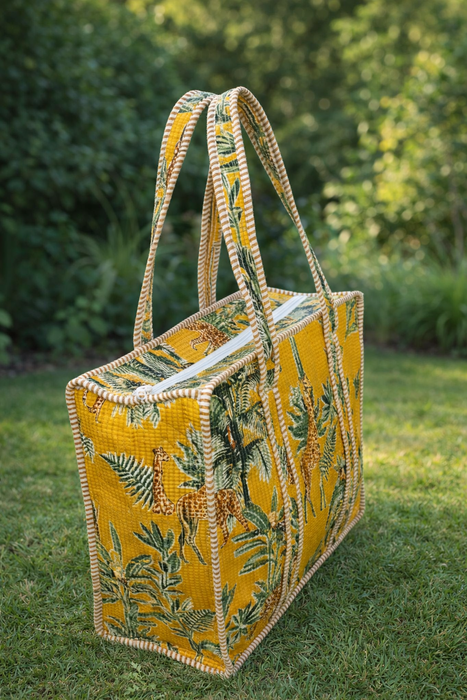 Yellow Tropical Printed Cotton Tote Bag | Reusable Eco-Friendly Shopping & Beach Bag