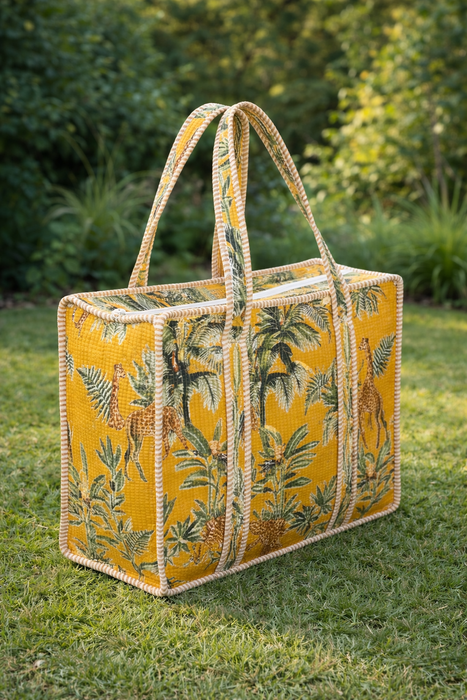 Yellow Tropical Printed Cotton Tote Bag | Reusable Eco-Friendly Shopping & Beach Bag