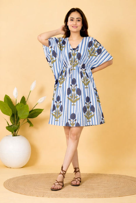 Blue Striped Floral Print Short Kaftan Dress for Women | 100% Pure Cotton | Casual, Summer & Resort Wear