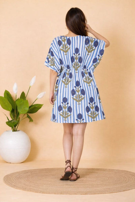 Blue Striped Floral Print Short Kaftan Dress for Women | 100% Pure Cotton | Casual, Summer & Resort Wear