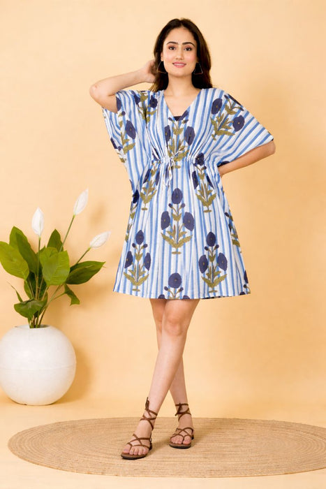 Blue Striped Floral Print Short Kaftan Dress for Women | 100% Pure Cotton | Casual, Summer & Resort Wear