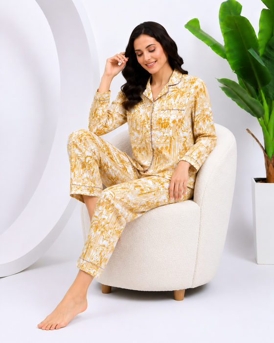 Women’s 100% Cotton Printed Night Suit Set | Beige Full Sleeve Button-Down Pajama Sleepwear with Pockets