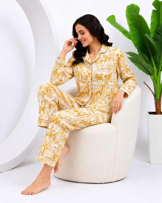 Women’s 100% Cotton Printed Night Suit Set | Beige Full Sleeve Button-Down Pajama Sleepwear with Pockets