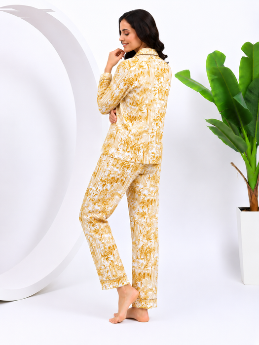Women’s 100% Cotton Printed Night Suit Set | Beige Full Sleeve Button-Down Pajama Sleepwear with Pockets