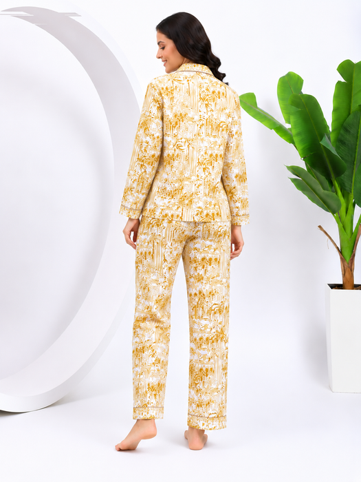 Women’s 100% Cotton Printed Night Suit Set | Beige Full Sleeve Button-Down Pajama Sleepwear with Pockets