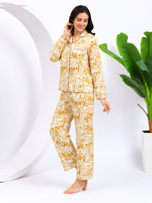 Women’s 100% Cotton Printed Night Suit Set | Beige Full Sleeve Button-Down Pajama Sleepwear with Pockets