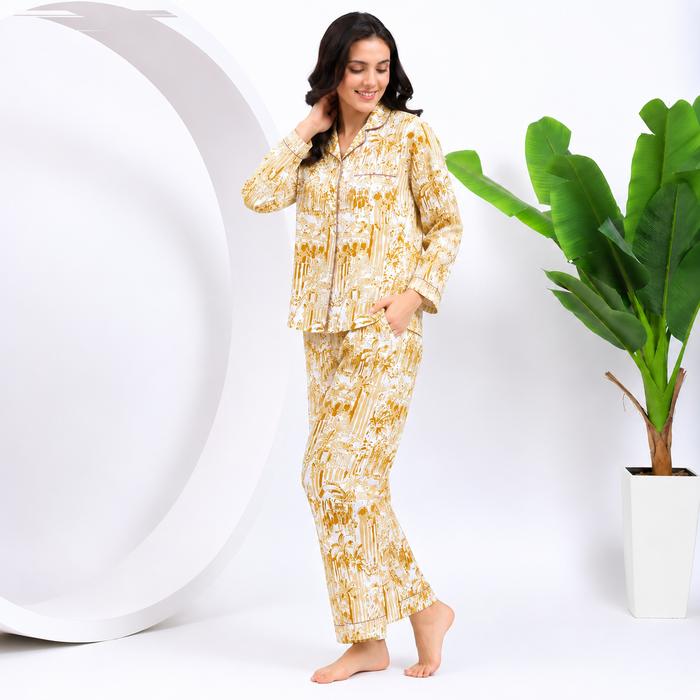 Women’s 100% Cotton Printed Night Suit Set | Beige Full Sleeve Button-Down Pajama Sleepwear with Pockets