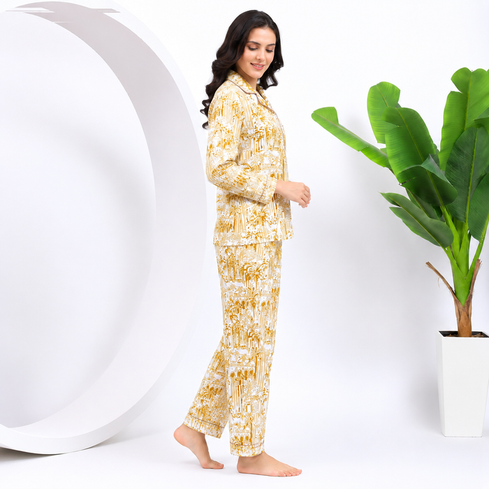 Women’s 100% Cotton Printed Night Suit Set | Beige Full Sleeve Button-Down Pajama Sleepwear with Pockets