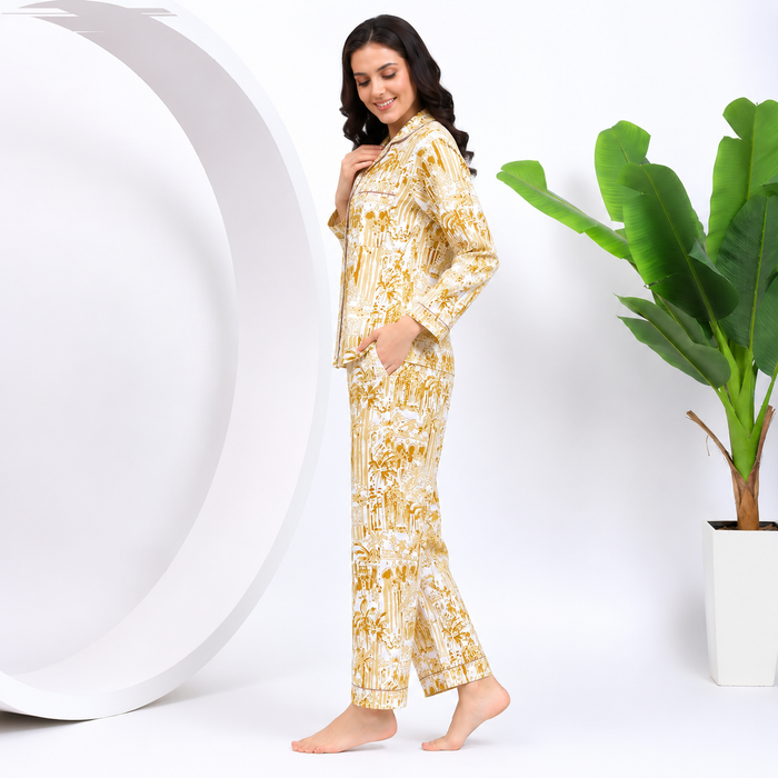 Women’s 100% Cotton Printed Night Suit Set | Beige Full Sleeve Button-Down Pajama Sleepwear with Pockets